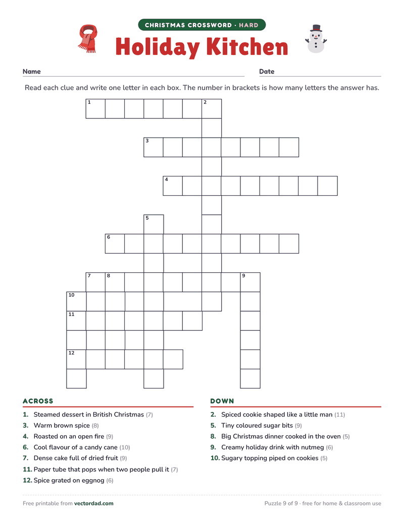 Printable Christmas crossword puzzle — Holiday Kitchen (hard, 12 words)