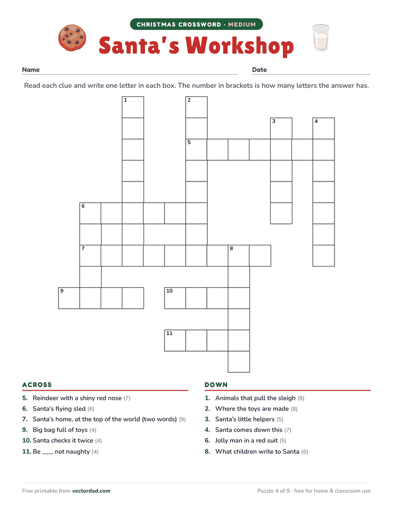 Printable Christmas crossword puzzle — Santa’s Workshop (medium, 12 words)