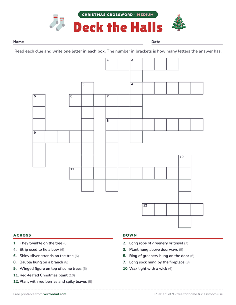 Printable Christmas crossword puzzle — Deck the Halls (medium, 12 words)
