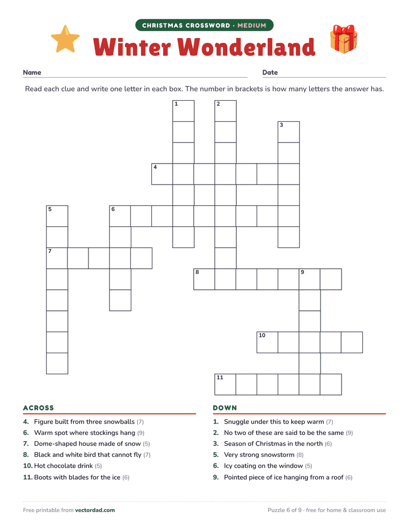 Printable Christmas crossword puzzle — Winter Wonderland (medium, 12 words)