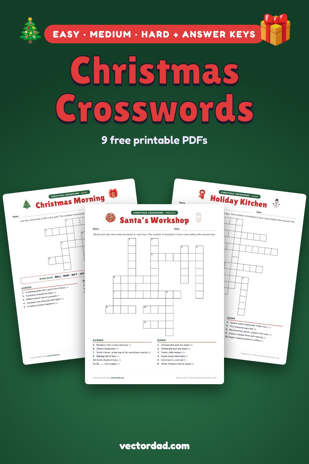 Free printable Christmas crossword puzzles with answer keys from VectorDad