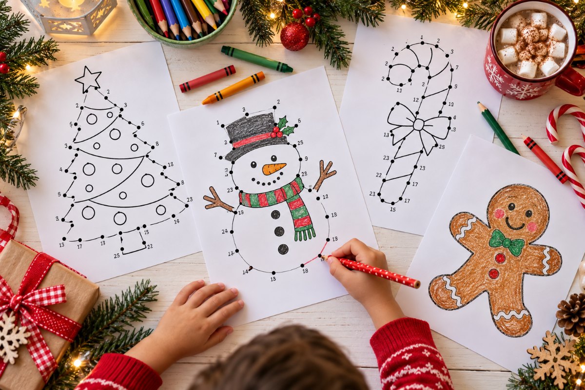 Christmas dot to dot printables: a snowman, a Christmas tree and an answer key page