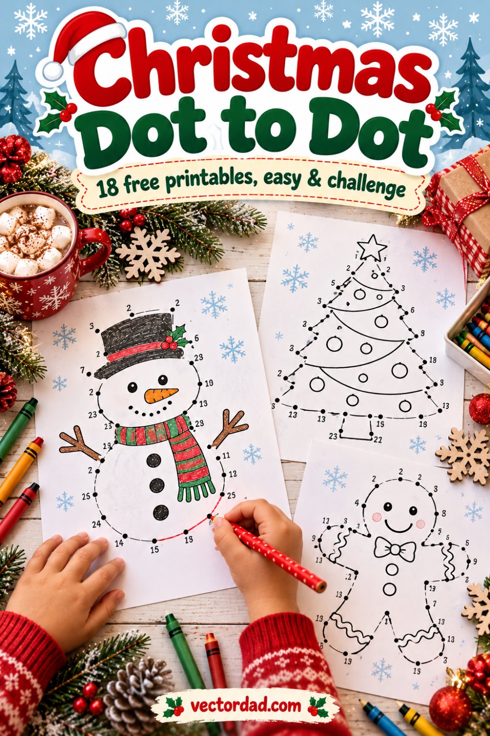 Free Christmas dot to dot printables from VectorDad — easy and challenge pages