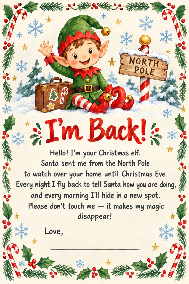 Printable Christmas elf arrival letter โ Iโm Back! โ with a waving elf and North Pole sign