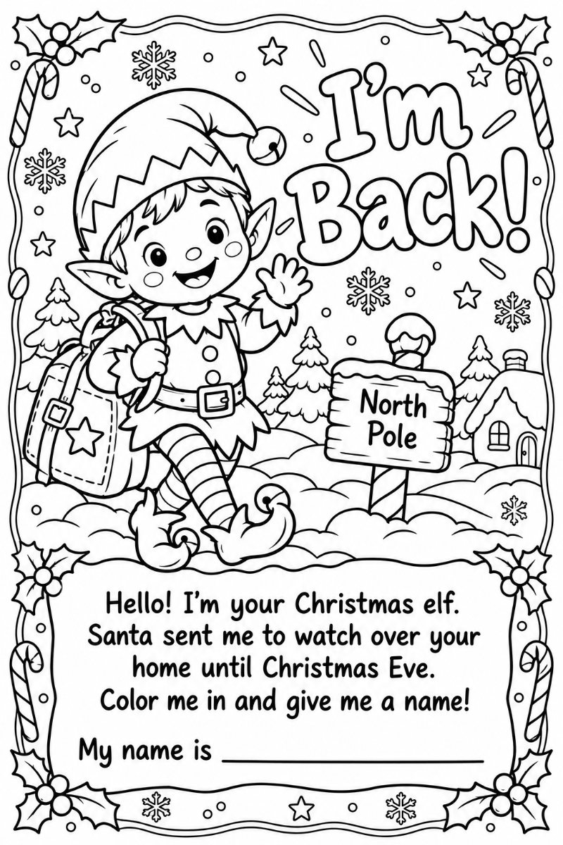 Black and white elf arrival letter coloring page for kids