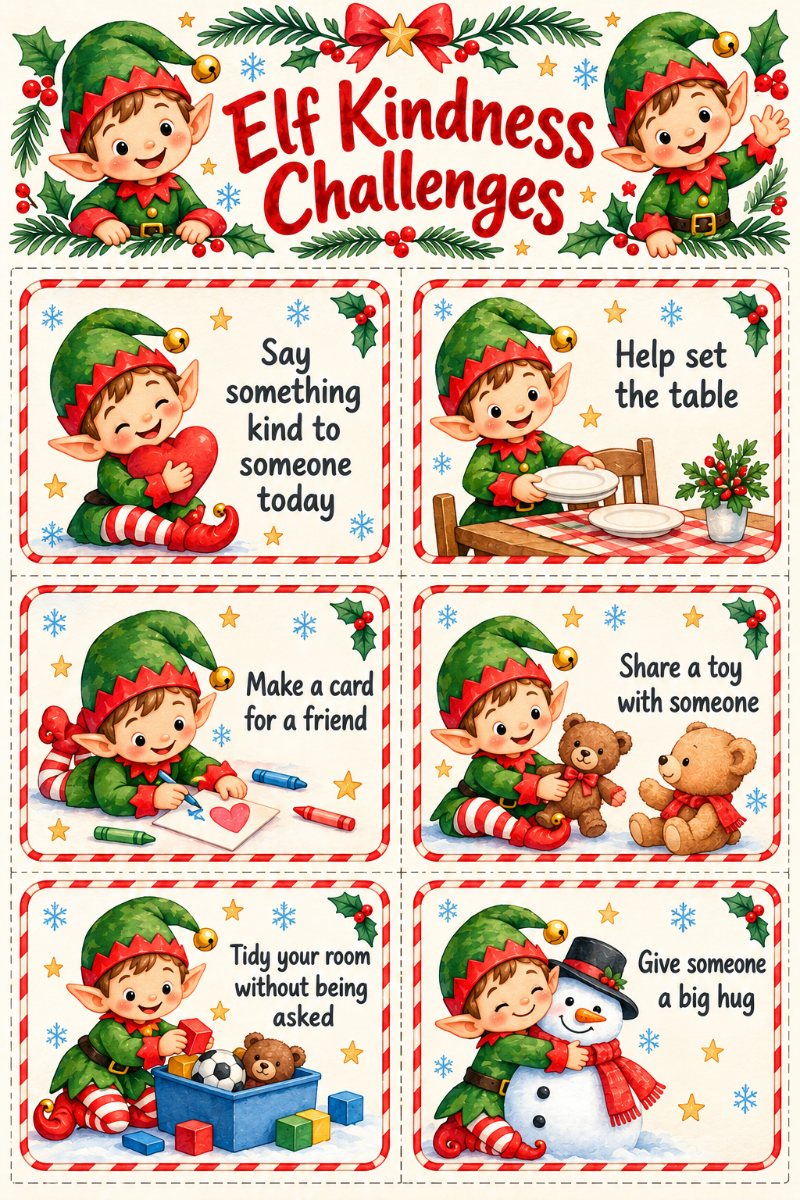 Six printable elf kindness challenge cards to cut out