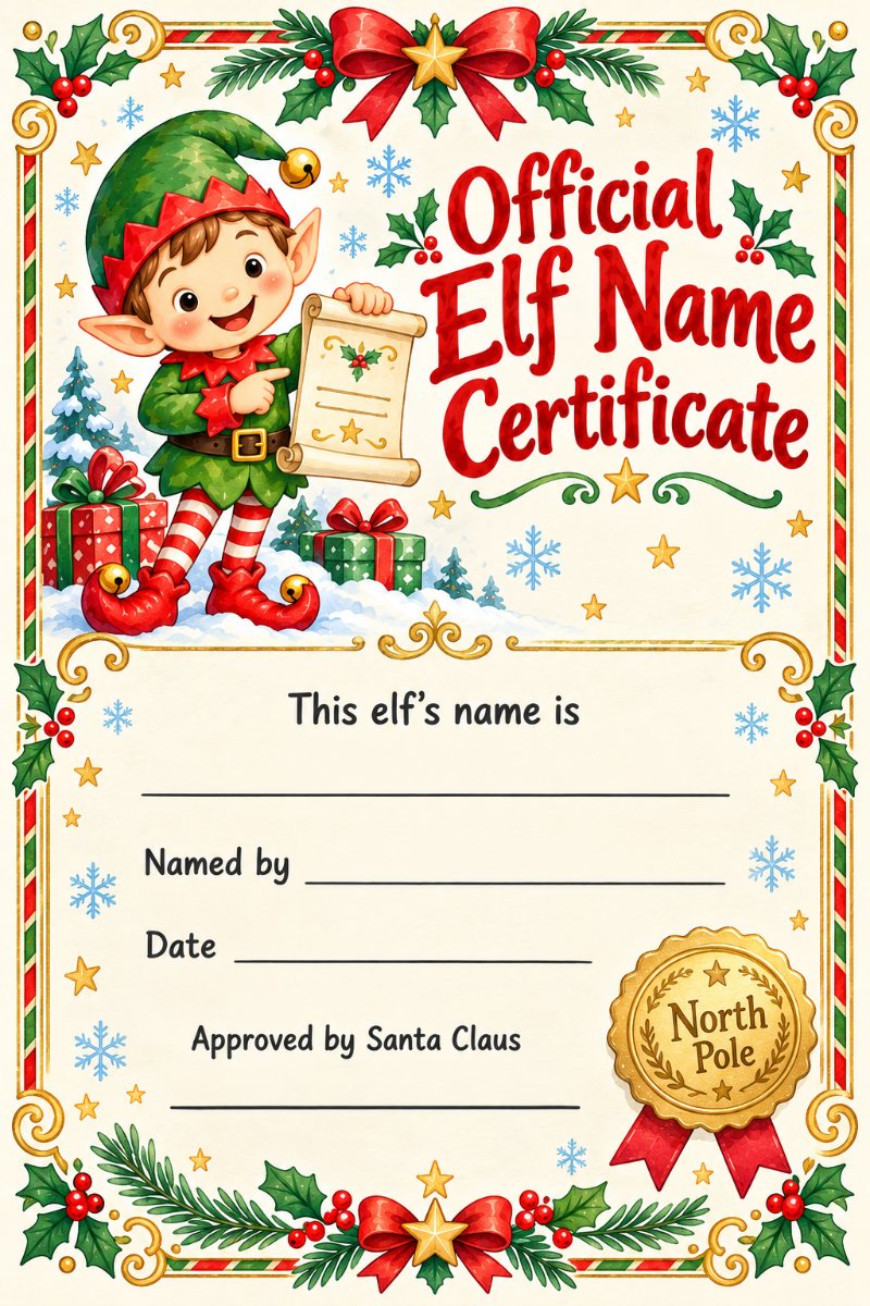 Printable official elf name certificate with North Pole seal