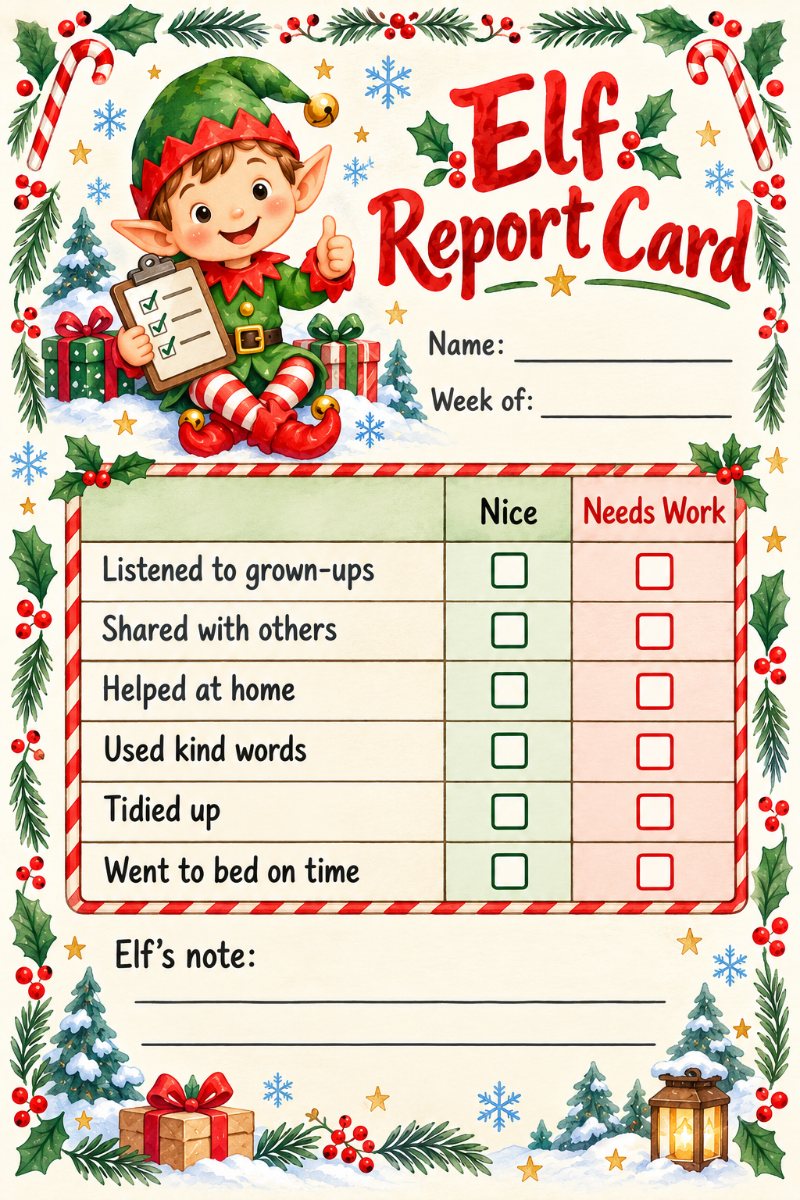 Printable elf report card with nice and needs work checkboxes