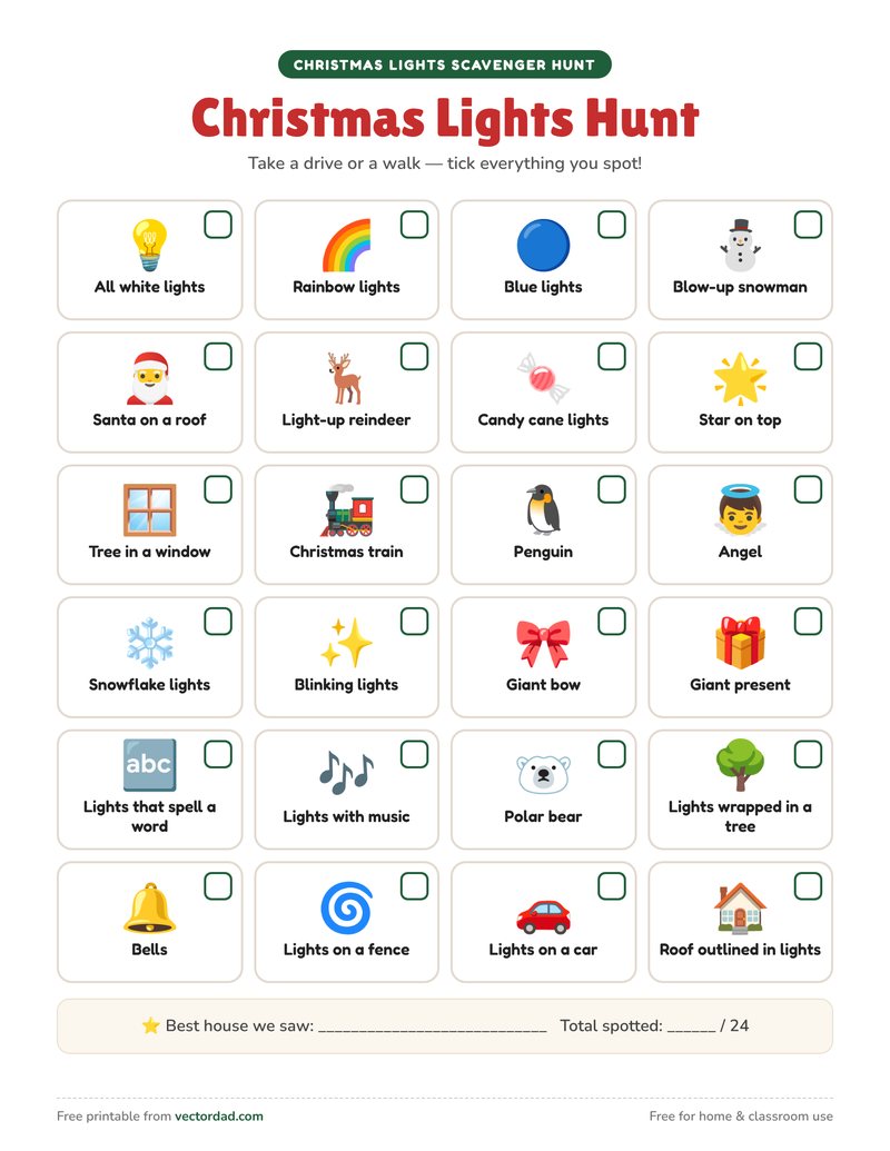 Christmas lights scavenger hunt checklist with 24 things to spot on houses