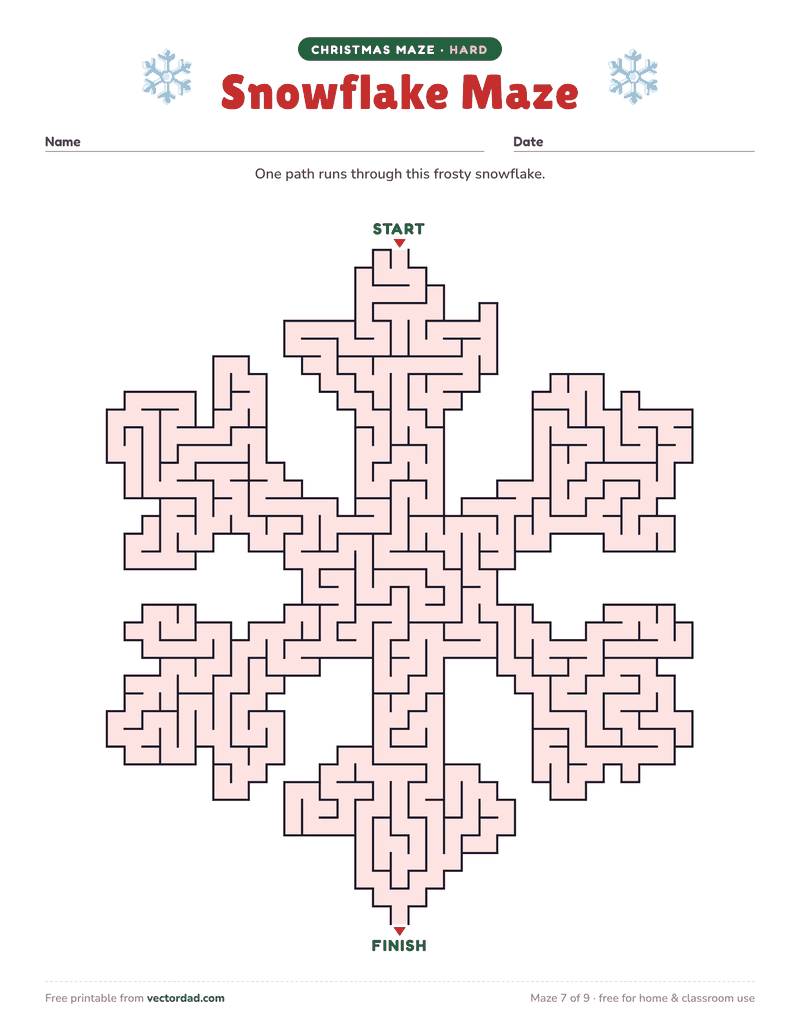 Printable Christmas maze β Snowflake Maze (hard)