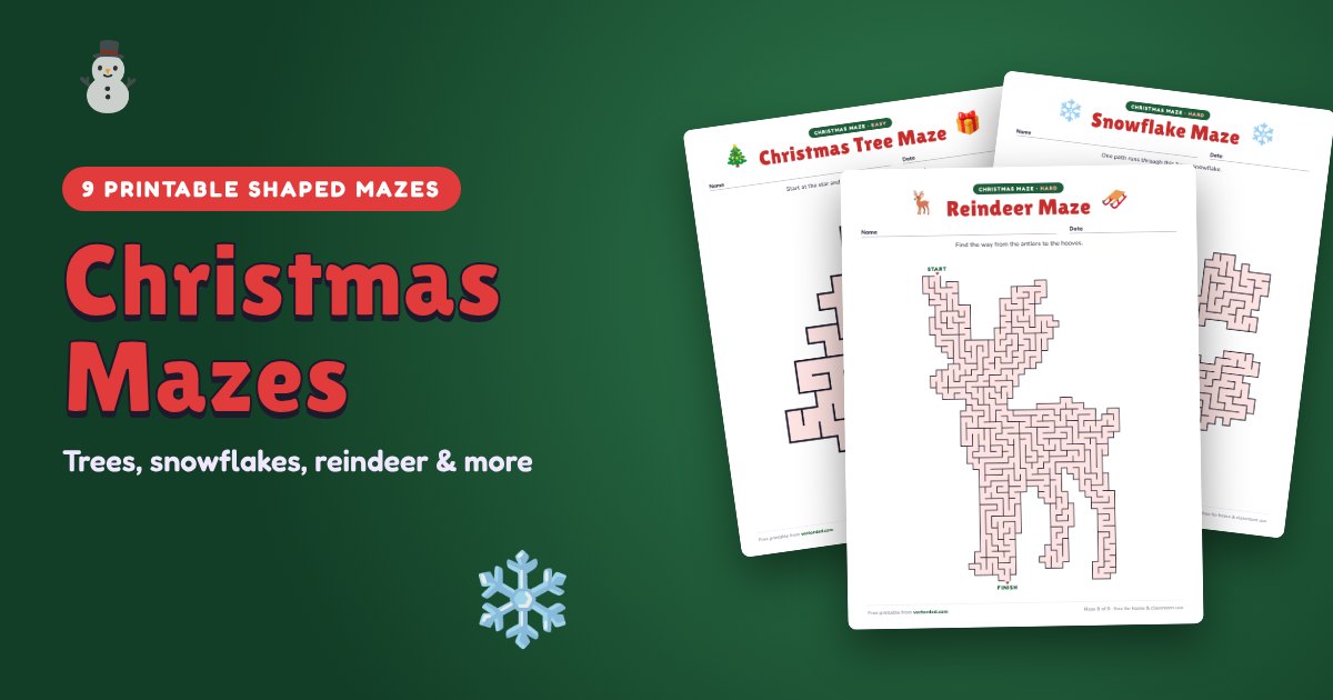Printable Christmas mazes shaped like a Christmas tree, a reindeer and a snowflake, with answer keys