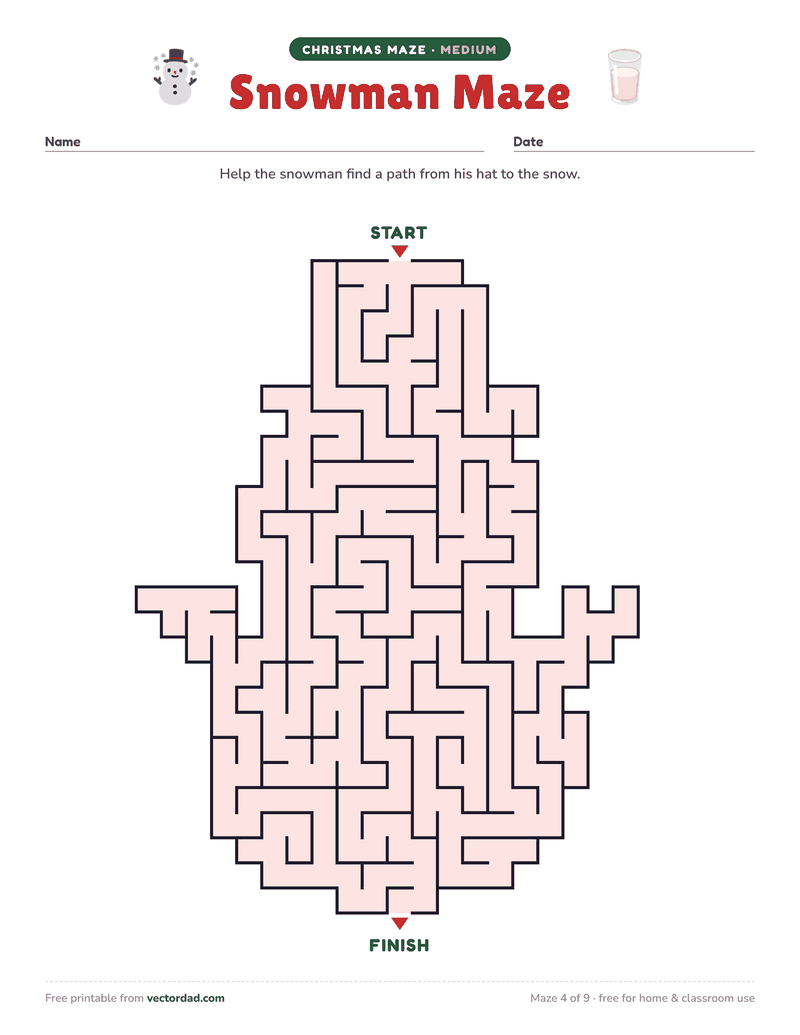 Printable Christmas maze β Snowman Maze (medium)