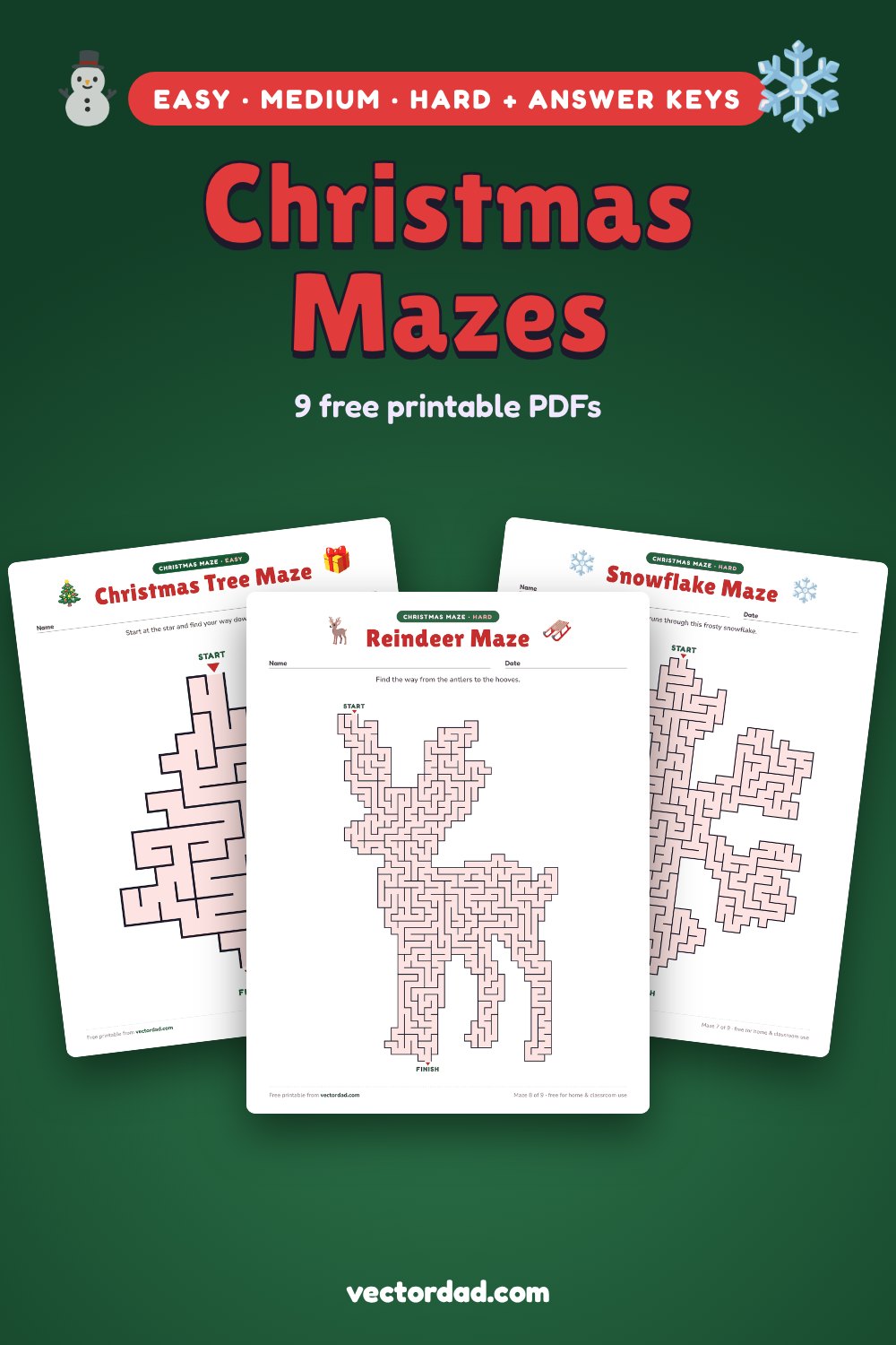 Free printable Christmas mazes with answer keys from VectorDad