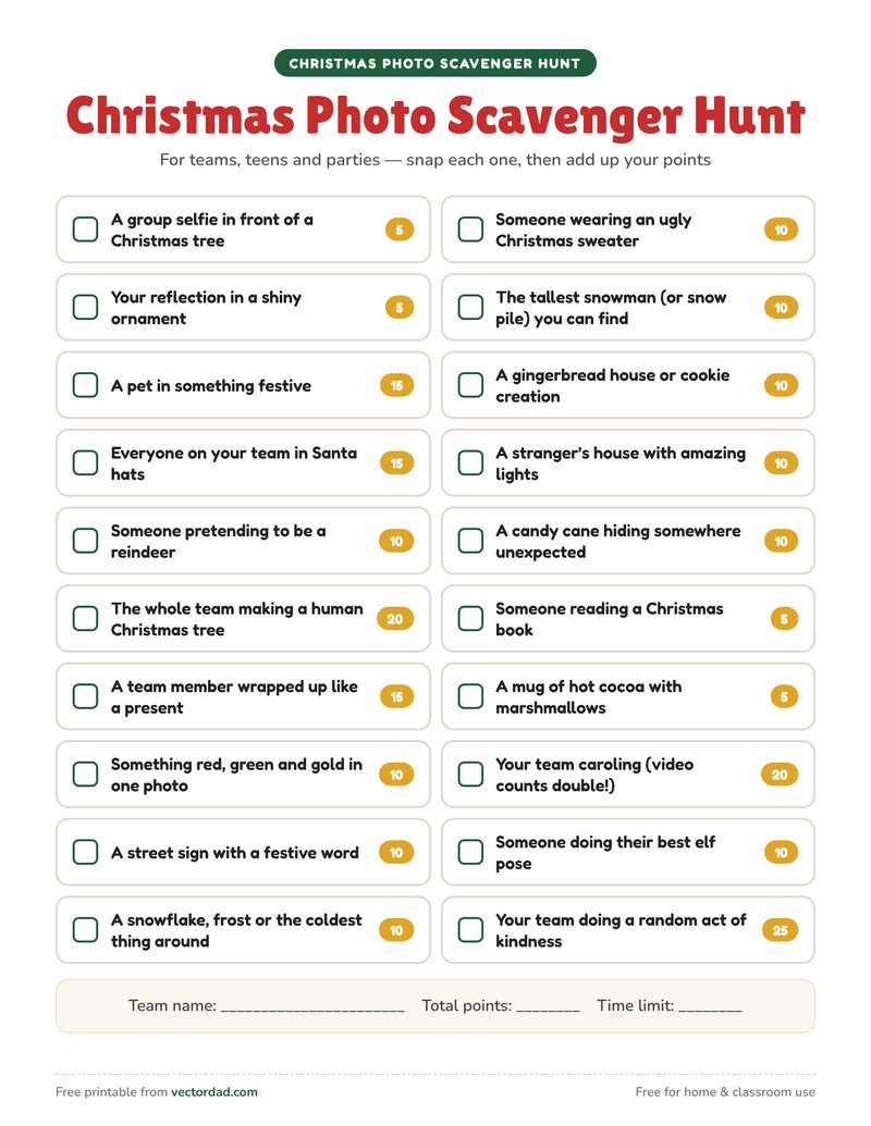 Christmas photo scavenger hunt list with 20 challenges and points
