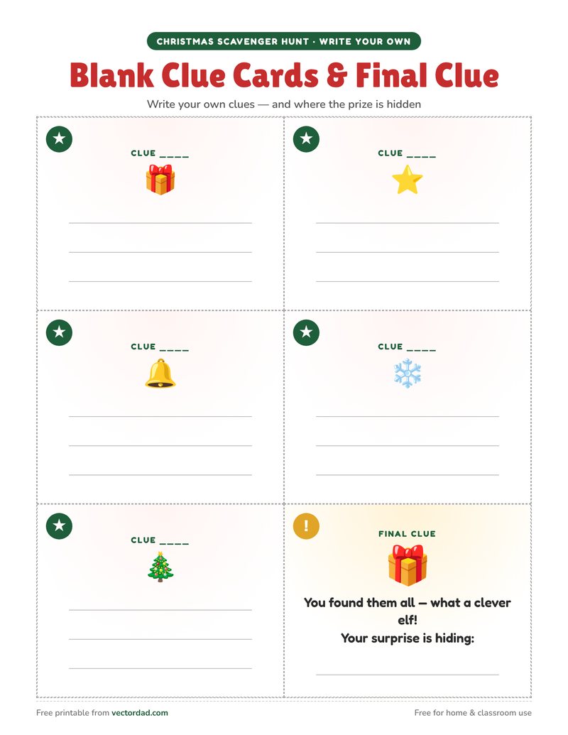 Blank Christmas scavenger hunt clue cards to write your own clues