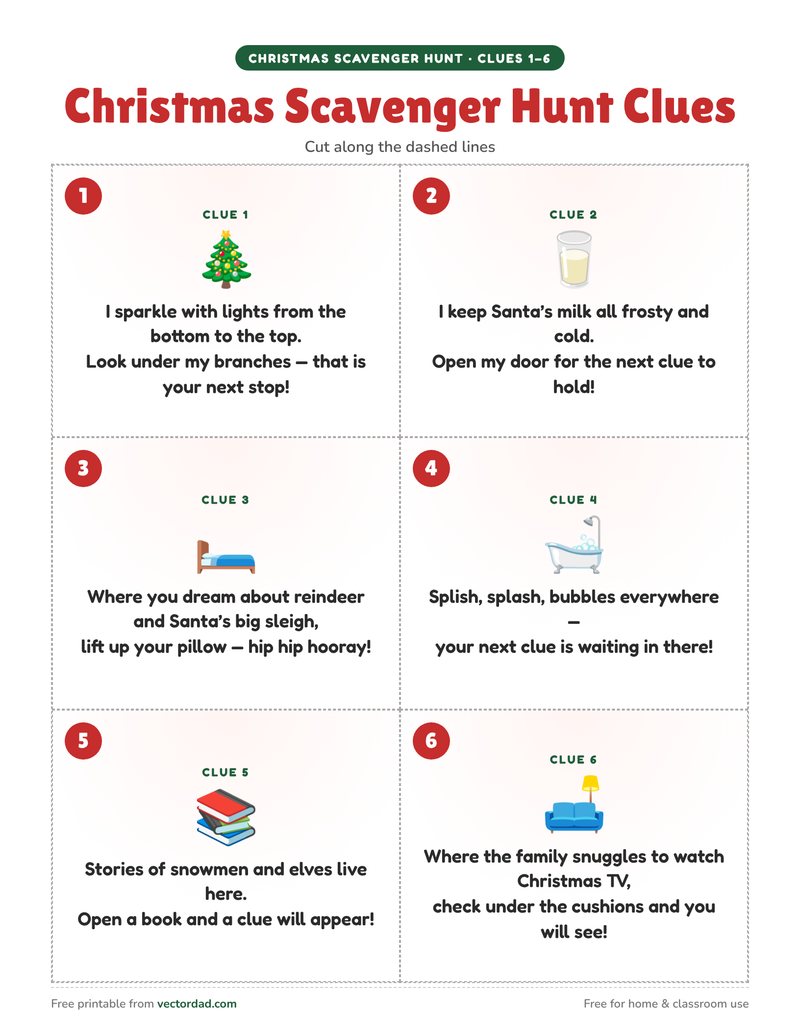 Printable Christmas scavenger hunt clue cards with rhyming riddles, six cards per page