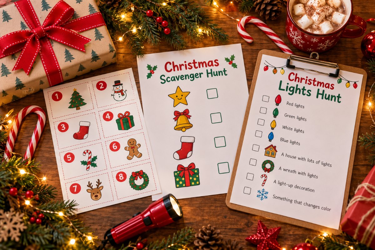 Printable Christmas scavenger hunt clue cards, a kids picture hunt and a Christmas lights hunt