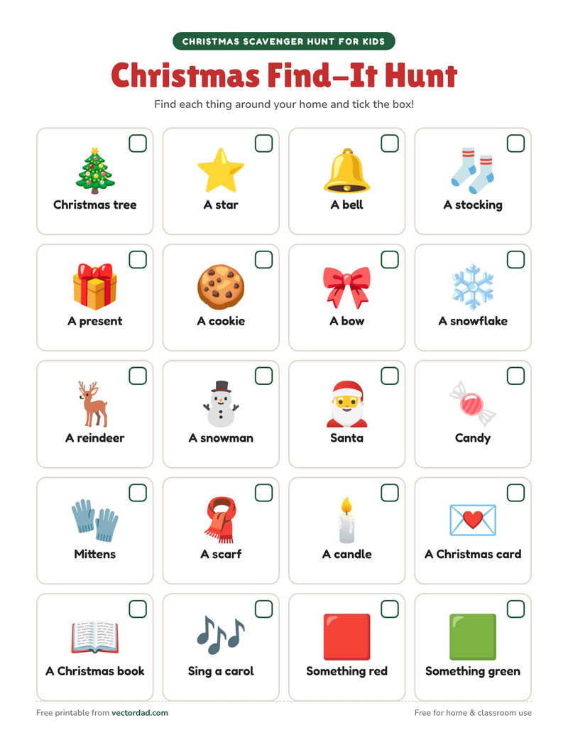Christmas scavenger hunt for kids — picture checklist of 20 things to find at home
