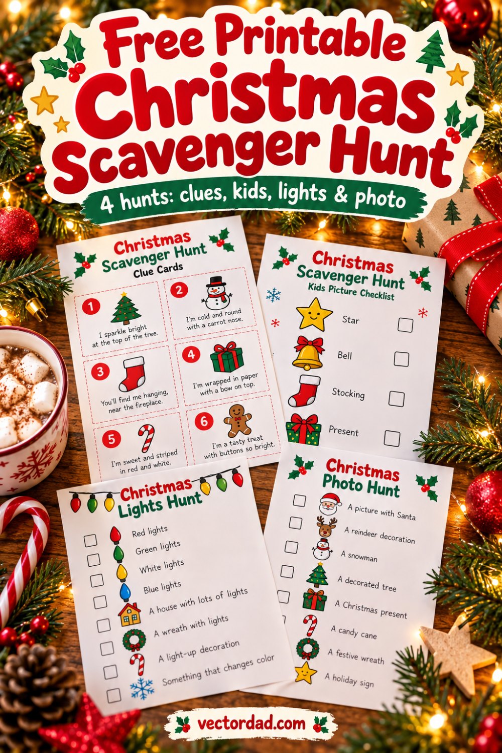 Free printable Christmas scavenger hunt from VectorDad — clues, kids, lights and photo hunts