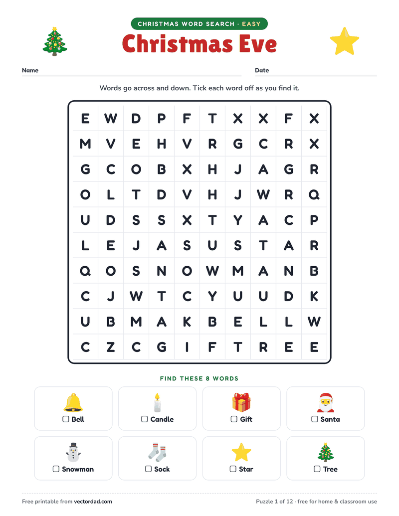 Printable Christmas word search — Christmas Eve (easy, 8 words)