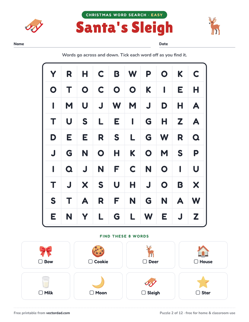 Printable Christmas word search — Santa's Sleigh (easy, 8 words)