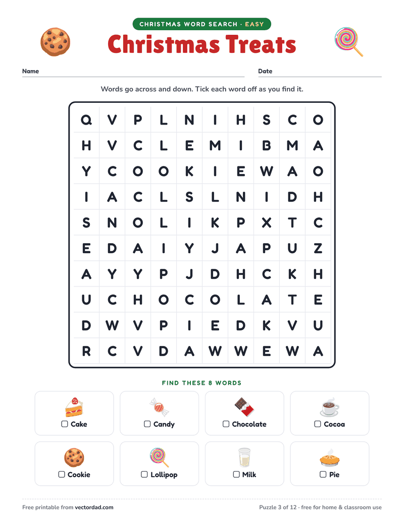 Printable Christmas word search — Christmas Treats (easy, 8 words)
