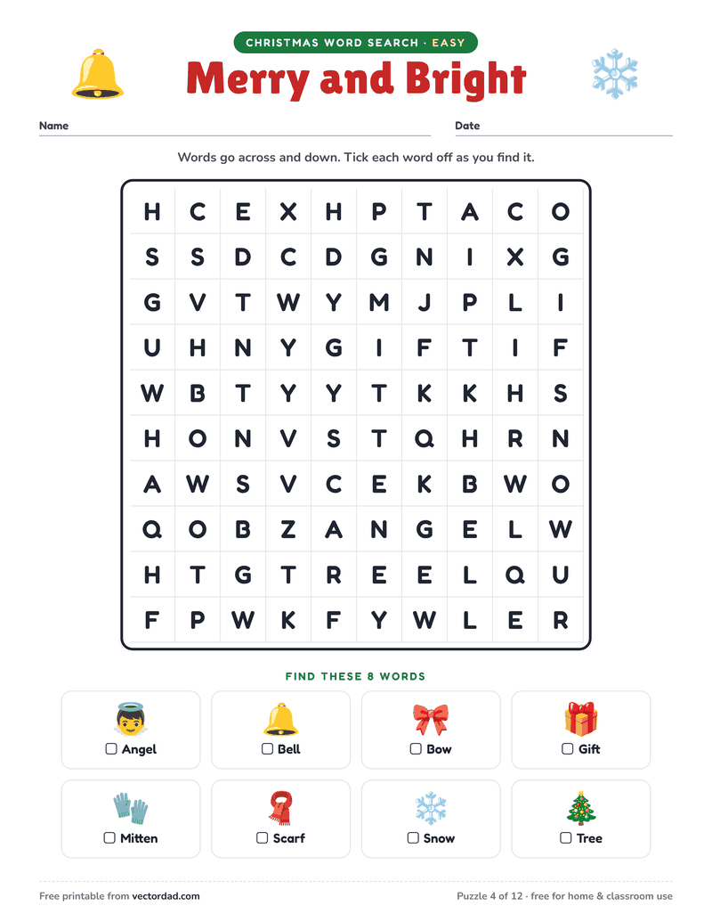 Printable Christmas word search — Merry and Bright (easy, 8 words)