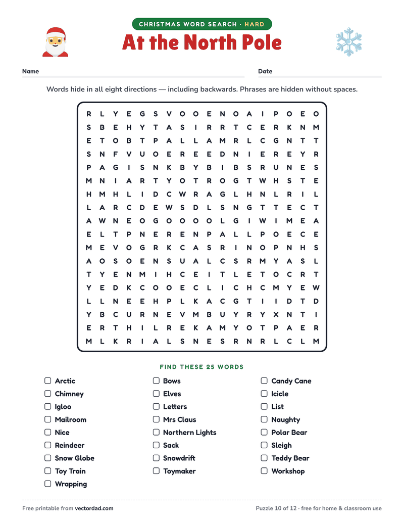 Printable Christmas word search — At the North Pole (hard, 25 words)