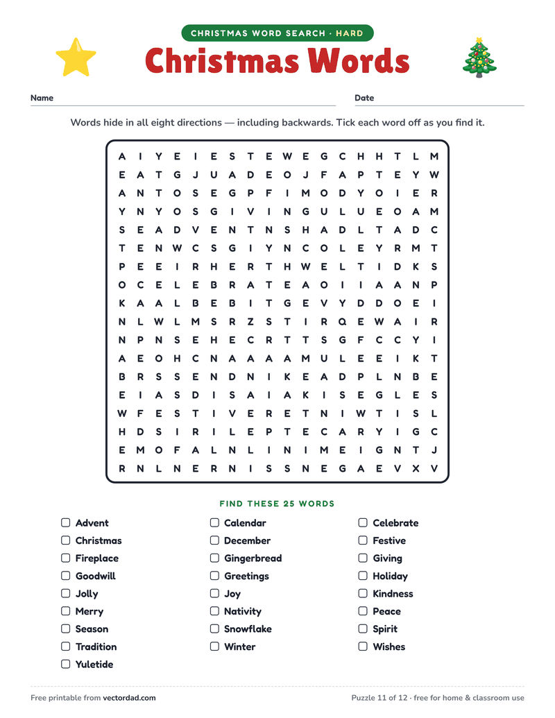 Printable Christmas word search — Christmas Words (hard, 25 words)