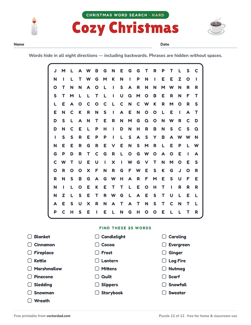 Printable Christmas word search — Cozy Christmas (hard, 25 words)