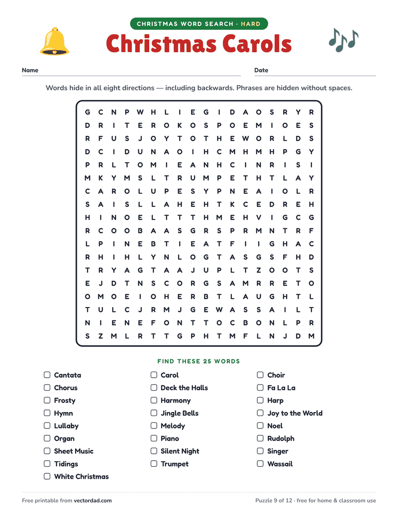 Printable Christmas word search — Christmas Carols (hard, 25 words)