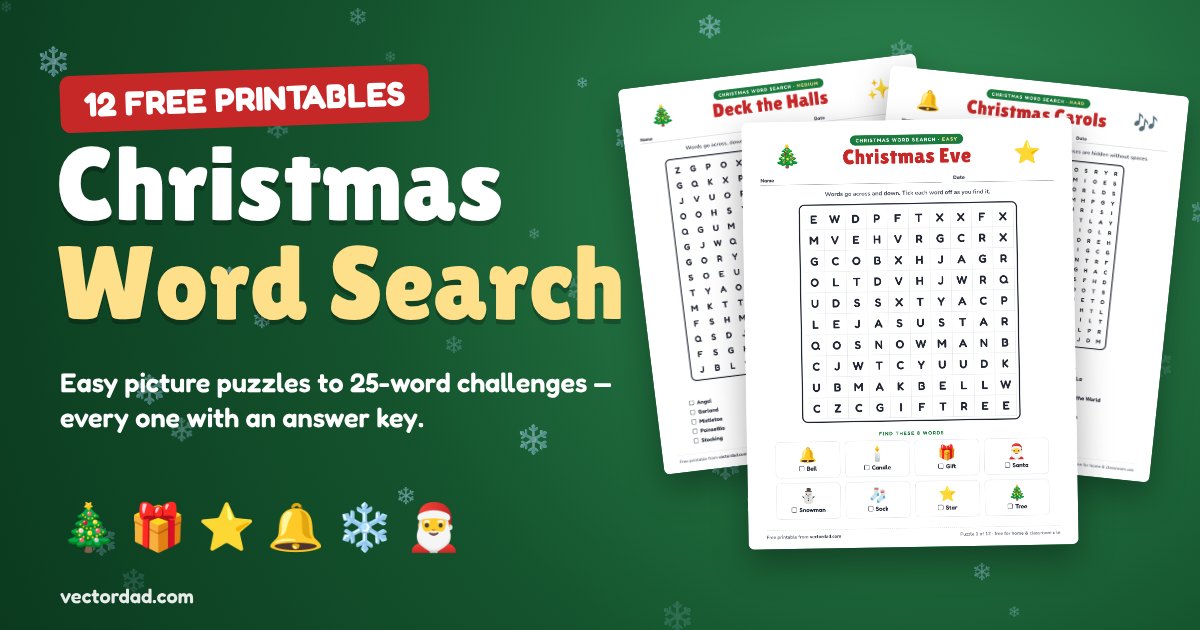 Printable Christmas word search puzzles — easy picture puzzles, medium and hard grids with answer keys