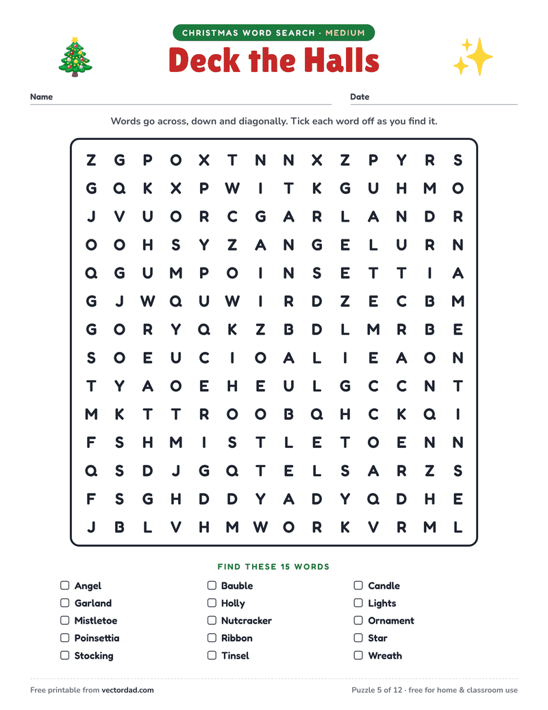 Printable Christmas word search — Deck the Halls (medium, 15 words)