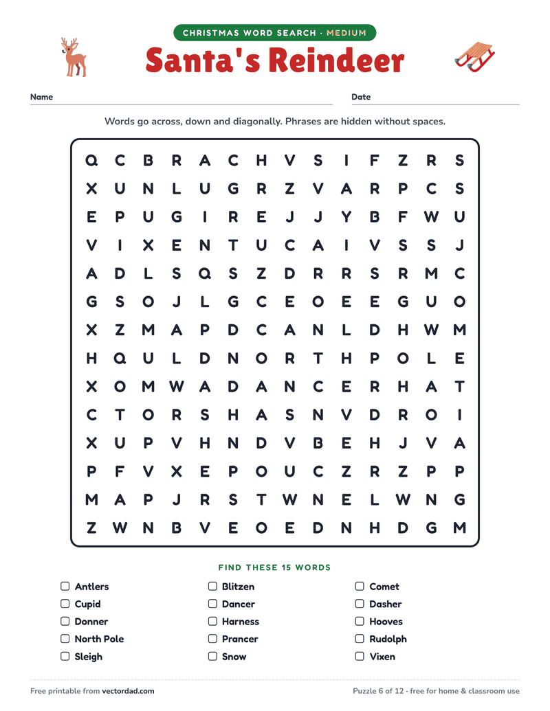 Printable Christmas word search — Santa's Reindeer (medium, 15 words)