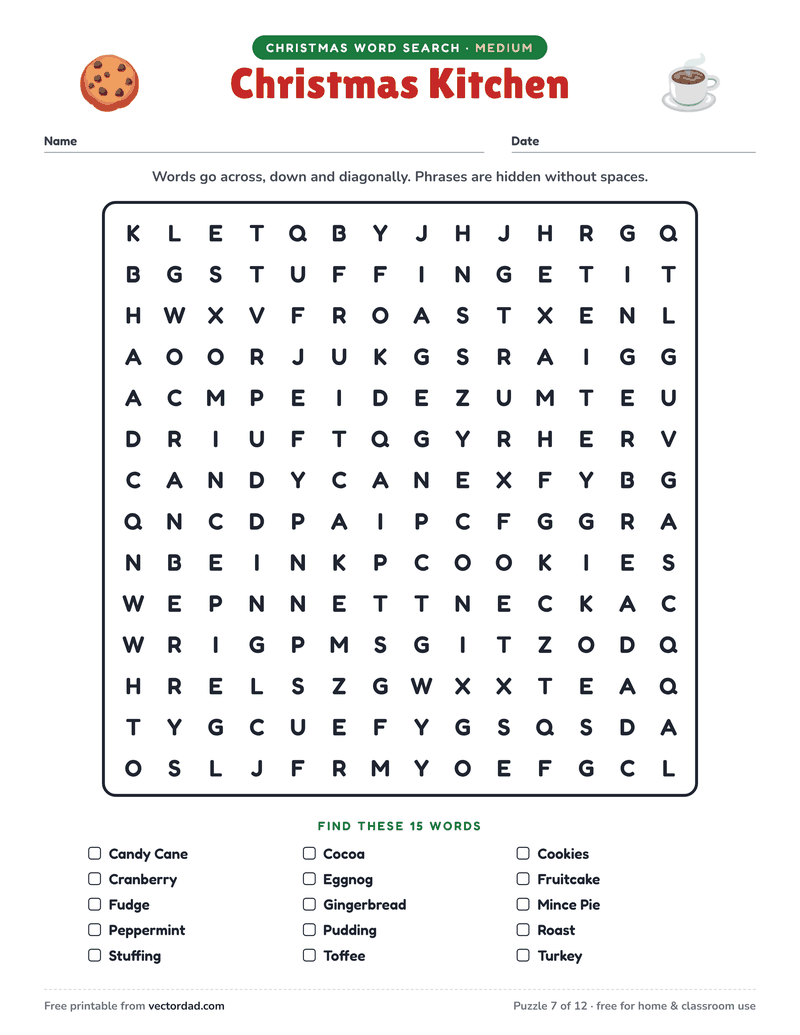 Printable Christmas word search — Christmas Kitchen (medium, 15 words)