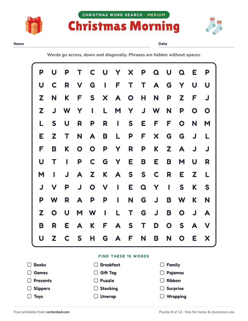Printable Christmas word search — Christmas Morning (medium, 15 words)