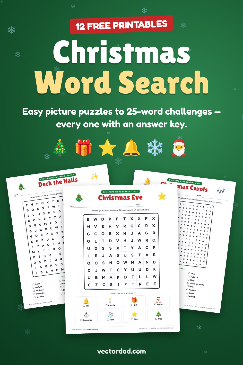Free printable Christmas word search puzzles with answer keys from VectorDad