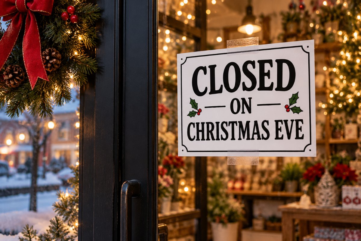 Closed on Christmas Eve sign taped inside a shop door with a wreath and fairy lights