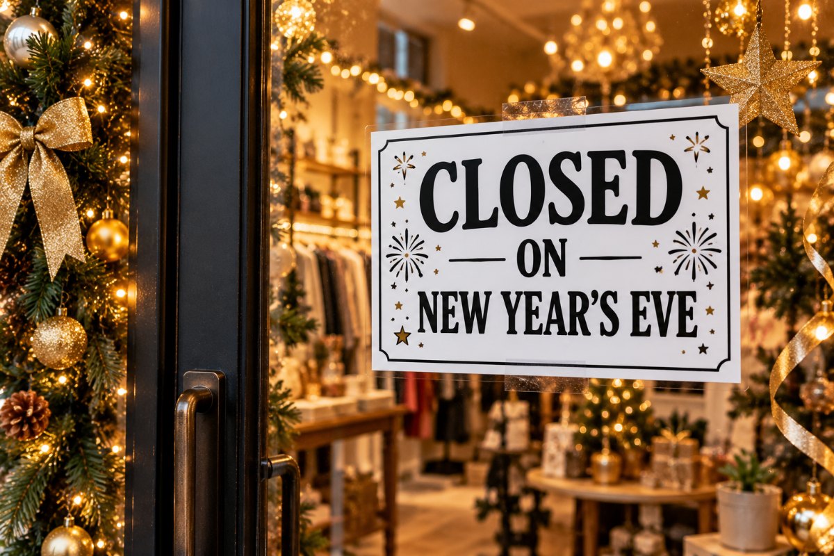 Closed on New Year’s Eve sign inside a boutique door with gold confetti