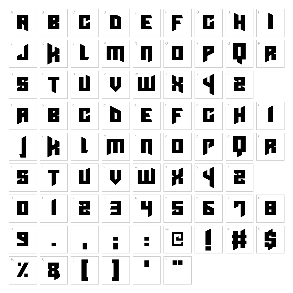 Cyberpunk font character map: A–Z, a–z, 0–9 and punctuation