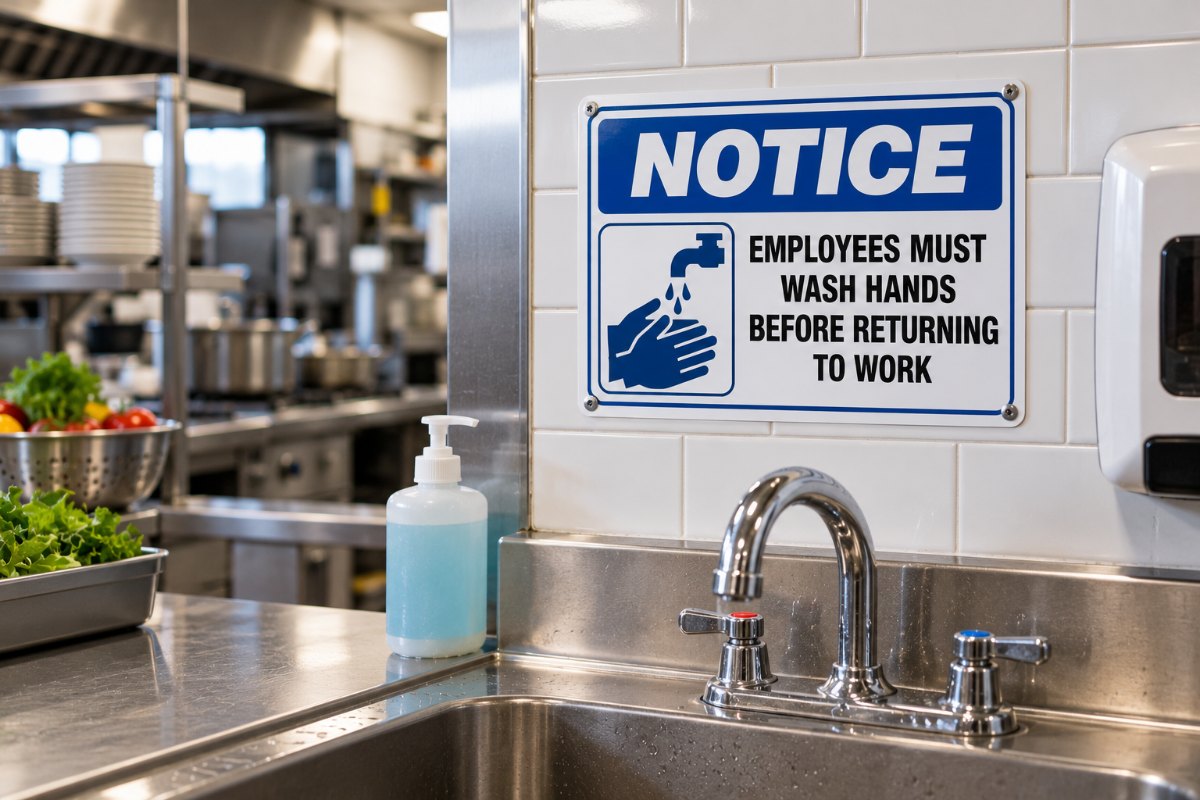 Blue notice employees must wash hands before returning to work sign above a kitchen sink