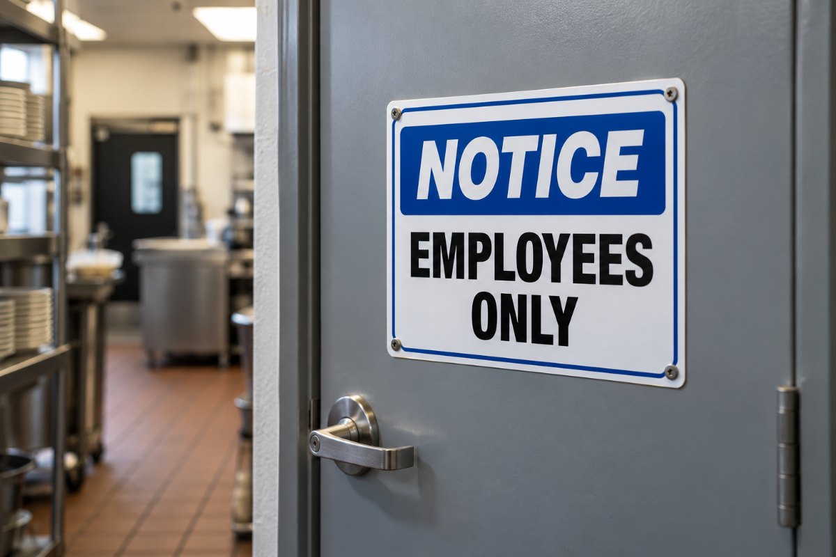 Blue notice employees only sign on a restaurant back-of-house door
