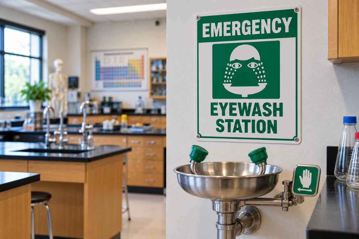 Green emergency eyewash station sign above an eyewash fountain in a lab