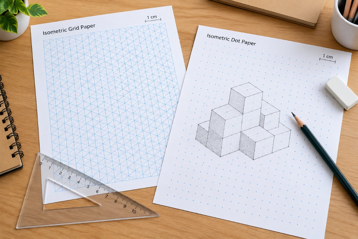 Isometric graph paper with a 3D cube drawing and a pencil