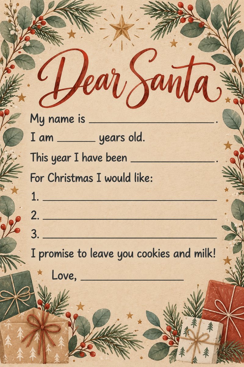 Modern boho letter to Santa template on kraft paper with eucalyptus
