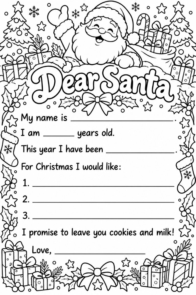 Black and white letter to Santa coloring page template for kids