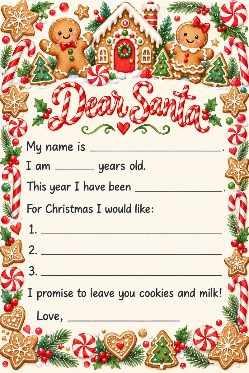 Printable letter to Santa template with gingerbread cookies and candy canes