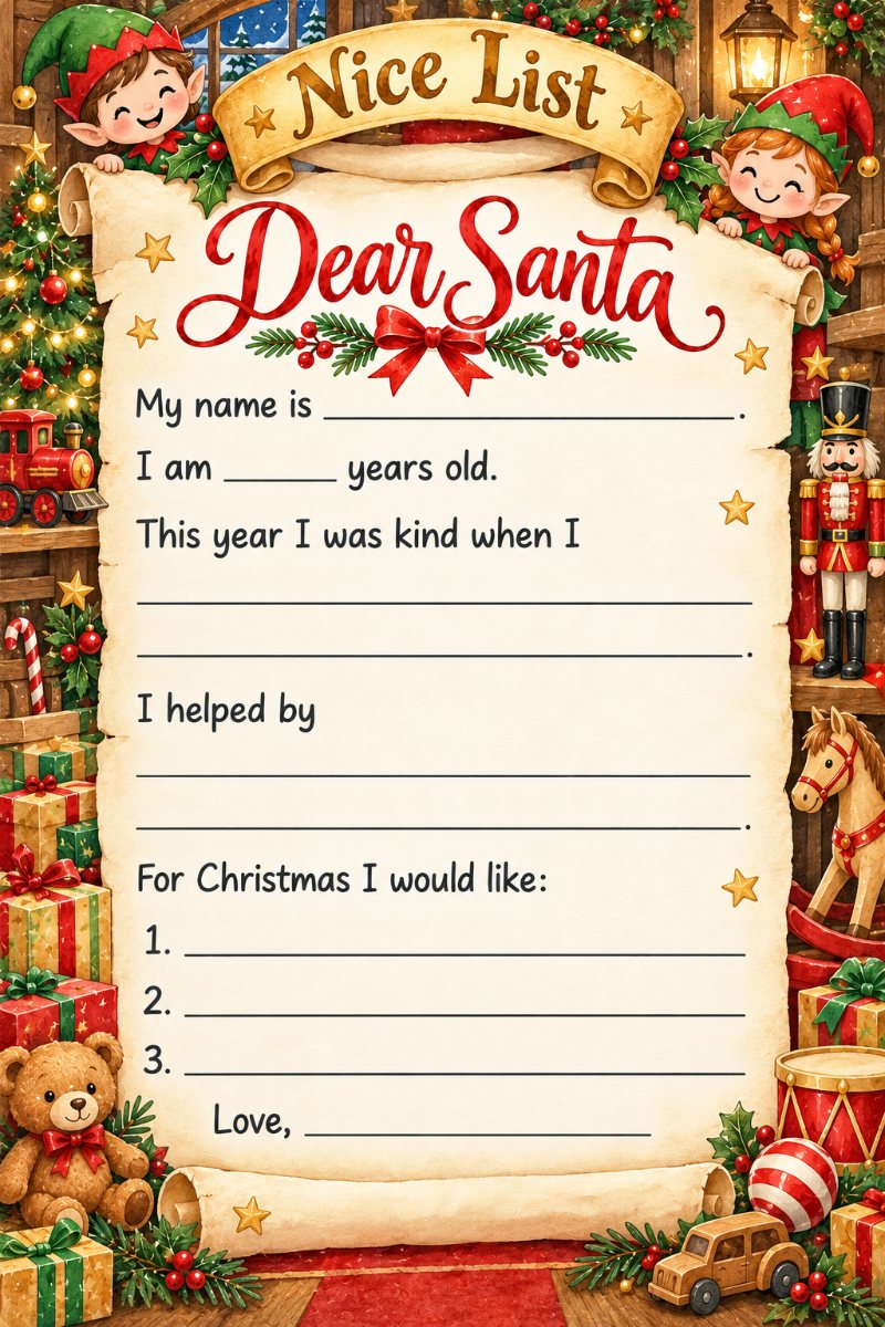 Nice list letter to Santa template with prompts for kind deeds