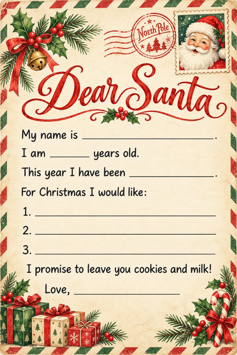 Vintage North Pole mail letter to Santa template with stamp and postmark