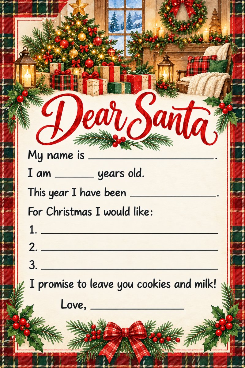 Letter to Santa template with tartan plaid border and Christmas tree